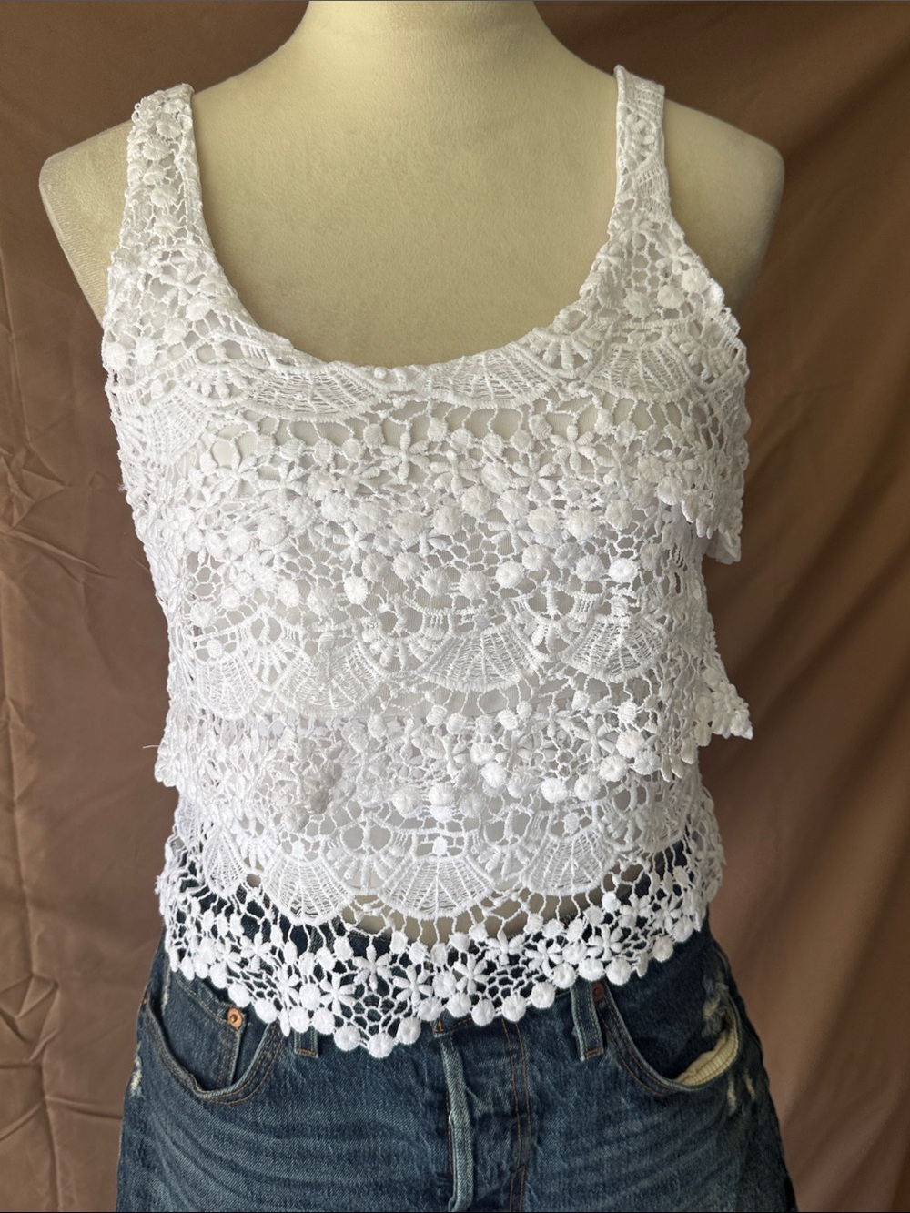 NWOT Olsenboye White Crochet Lace Layered Tank Top